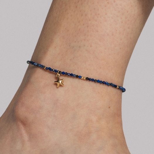 Bransoletka na nogę z lapis lazuli i gwiazdką, srebrna pozłacana